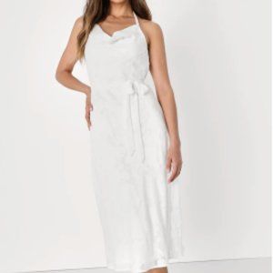 Graceful Charm White Burnout Floral Jacquard Halter Midi Dress